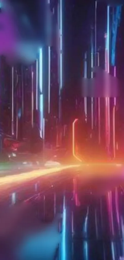 Futuristic neon cityscape with vibrant lights.