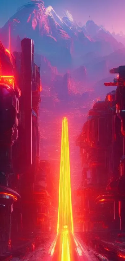 Futuristic neon cityscape with vibrant colors and glowing path.