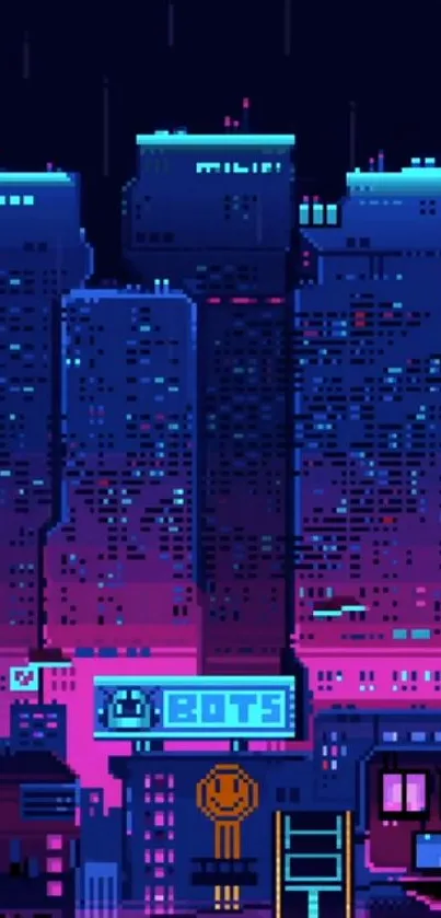 Futuristic neon cityscape with pixel art style in shades of blue and pink.