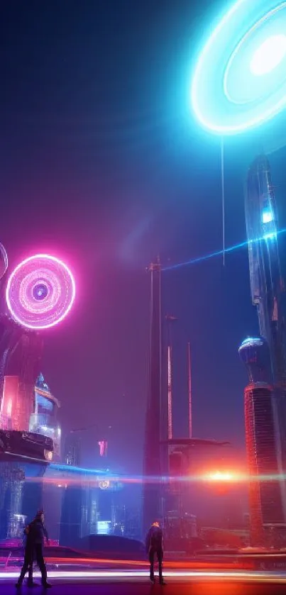 Futuristic neon city wallpaper with glowing blue and pink lights in a sci-fi urban scene.