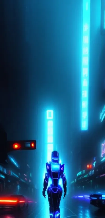 Futuristic neon cityscape with a lone figure in glowing light.