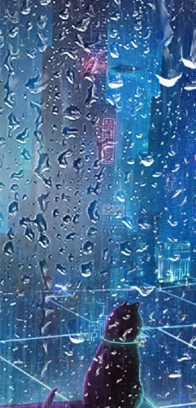 Futuristic neon cityscape with cat in rain.