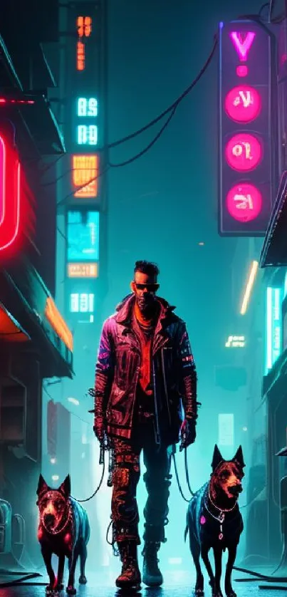 Futuristic cityscape with neon lights and cyberpunk elements.