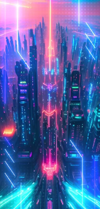 Futuristic neon cityscape with vibrant colors and electric hues.