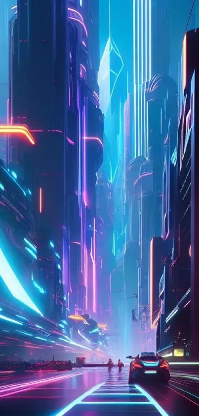 Futuristic neon cityscape with vibrant lights and urban architecture.