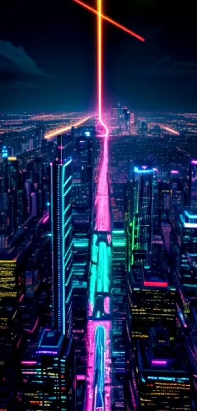 Futuristic neon cityscape with vibrant lights and skyscrapers.