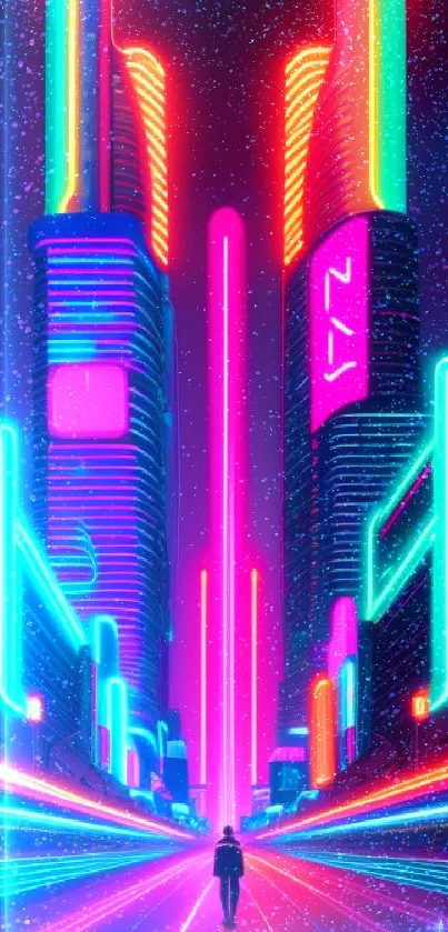 Neon-lit futuristic cityscape wallpaper with glowing skyscrapers.