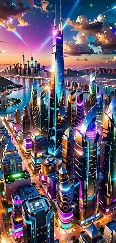 Futuristic cityscape with neon lights under a starry night sky.