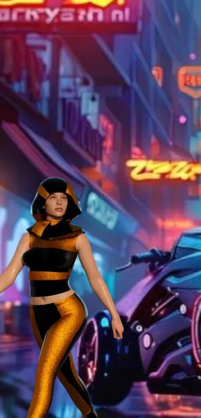 Futuristic motorcycle in neon-lit city street at night.