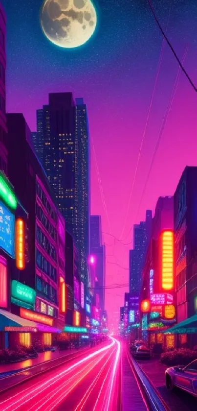 Futuristic neon cityscape at night with a glowing moon and vibrant street lights.