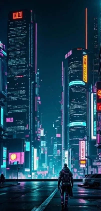 Futuristic neon cityscape with silhouette
