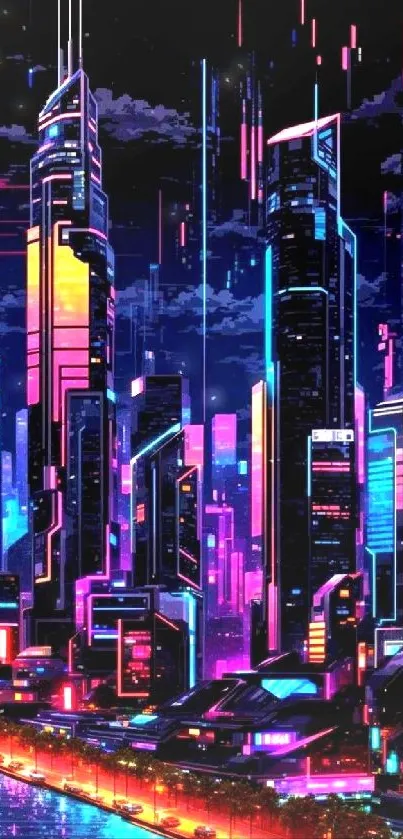Futuristic city skyline with neon lights glowing.