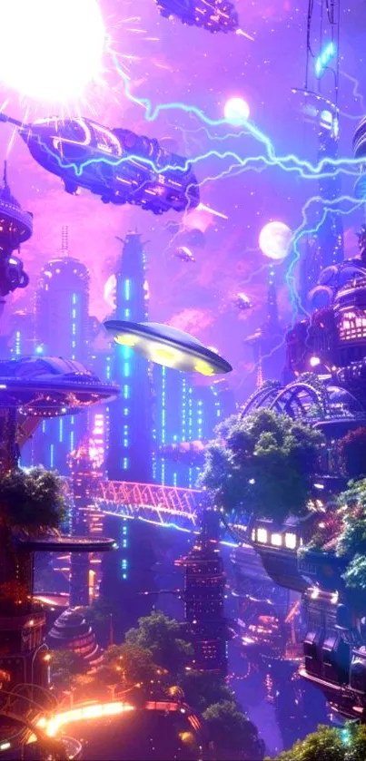 Futuristic neon cityscape with vibrant lights and floating vehicles.