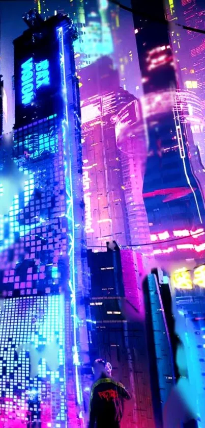 Futuristic neon cityscape with vibrant lights illustrating a cyberpunk aesthetic.