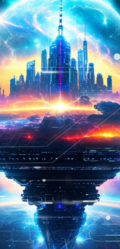 Futuristic neon cityscape with vibrant colors and glowing planet.
