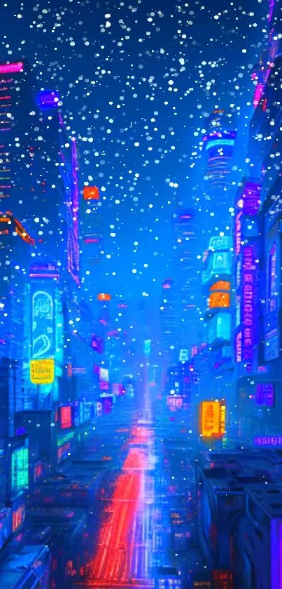 Futuristic neon cityscape with glowing skyscrapers and vibrant colors.