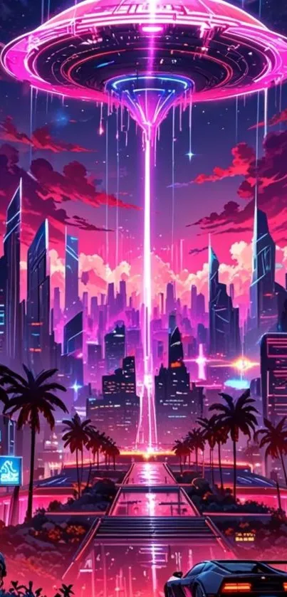 Futuristic neon cityscape with UFO and skyline.