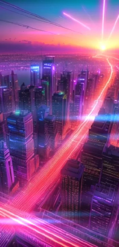 Futuristic neon city skyline with vibrant lights and sunset.