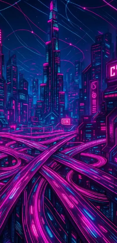 Neon futuristic cityscape with highways and skyscrapers.