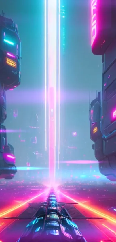 Futuristic neon cityscape with vibrant lights.