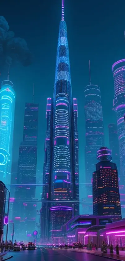 Futuristic cityscape with neon lights and skyscrapers at night.