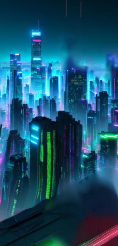 Futuristic neon cityscape with glowing skyscrapers and fog.
