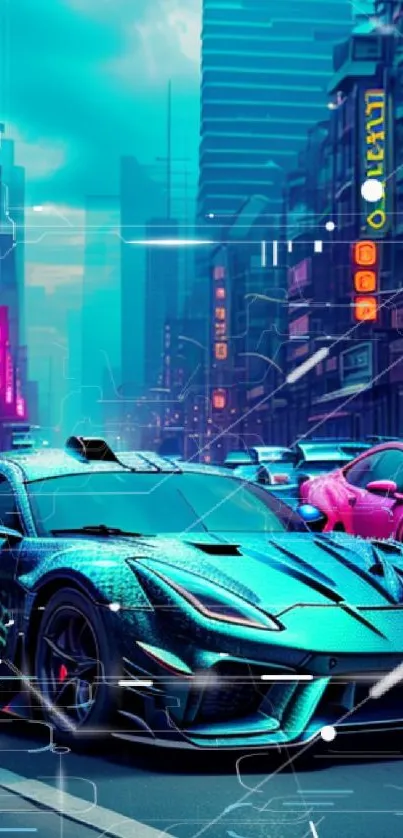 Futuristic neon cityscape with sleek sports cars.