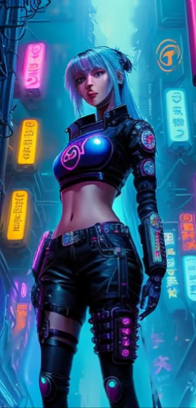 Futuristic wallpaper with neon-lit cityscape and cyberpunk character.