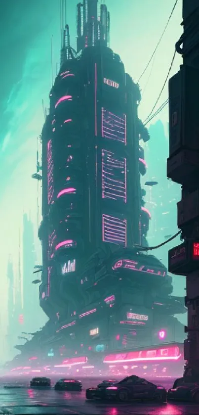 Futuristic cityscape with neon lights and skyscrapers in teal and pink hues.