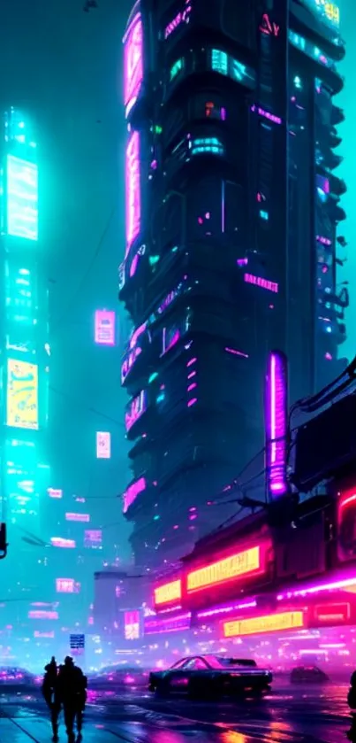 Futuristic cityscape with neon lights and vibrant urban street.