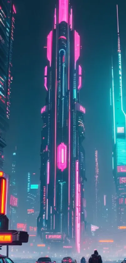 Futuristic neon cityscape with vibrant skyscrapers at night.