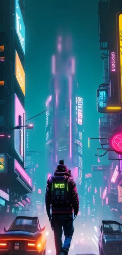 Futuristic neon cityscape with cyberpunk flair and glowing signs at night.