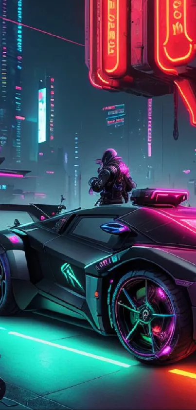 Futuristic neon cityscape with sleek car and vibrant lights.