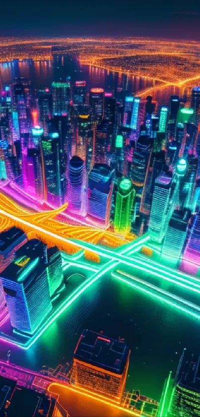 Futuristic cityscape illuminated in vibrant neon colors.