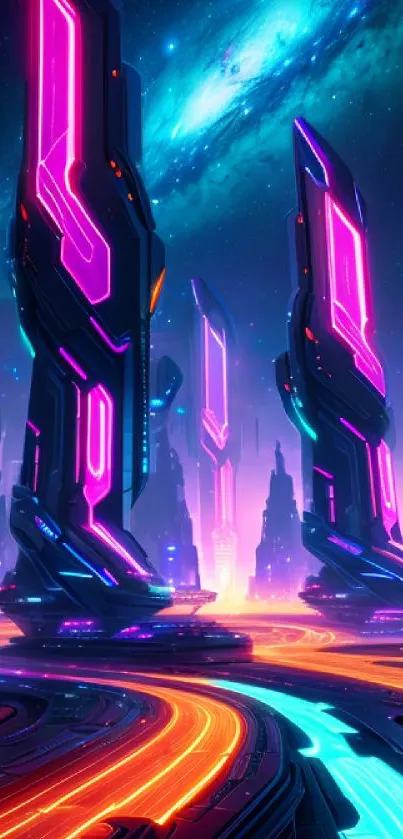 Futuristic cityscape with neon lights and dark sky.