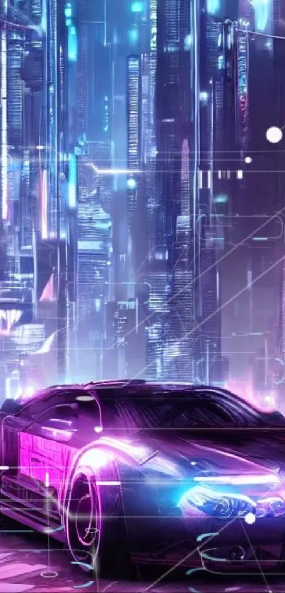 Futuristic car in a neon-lit cityscape at night.