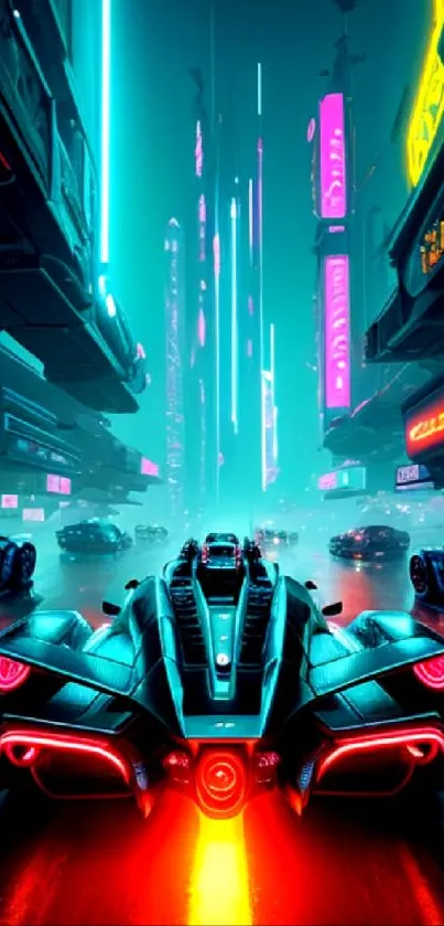 Futuristic neon-lit city with sleek cars and vibrant lights in a cyberpunk style.