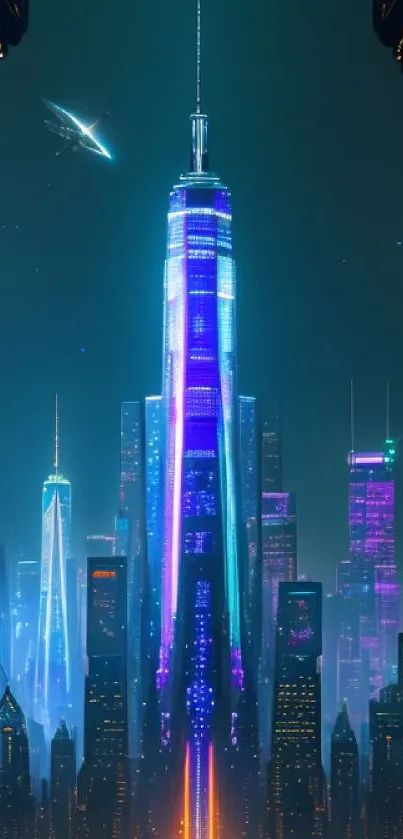 Futuristic cityscape with neon skyscrapers at night, ideal for mobile wallpaper.