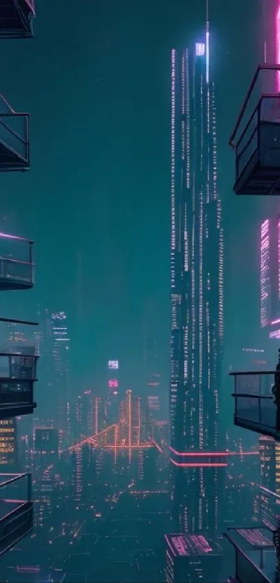 Futuristic cityscape with neon lights and high-rise buildings at night.