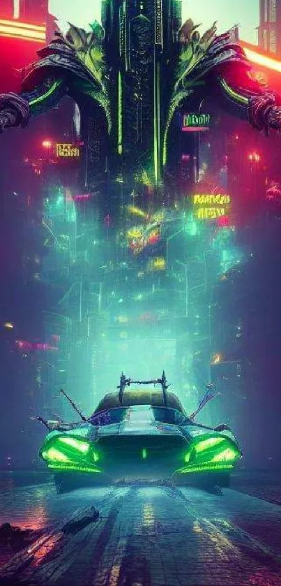 Futuristic cityscape with neon glow and a sleek vehicle, perfect for mobile wallpaper.