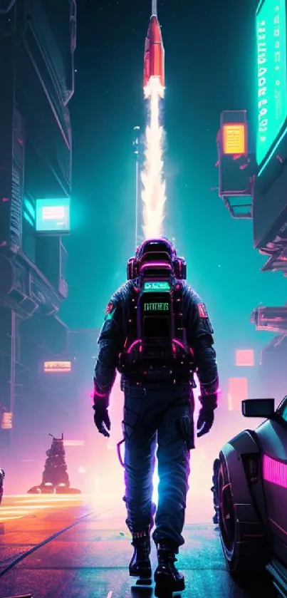 Futuristic neon cityscape with a rocket launch and urban elements.