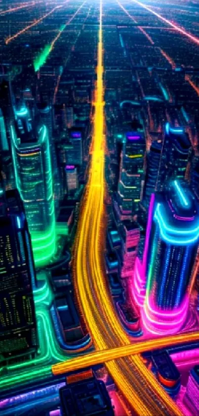 A vibrant futuristic cityscape with neon lights and towering buildings at night.