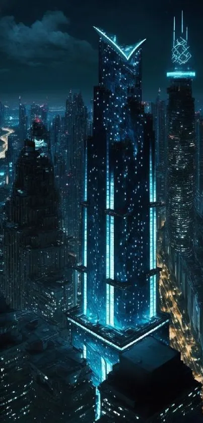 Futuristic cityscape with glowing neon blue lights at night.