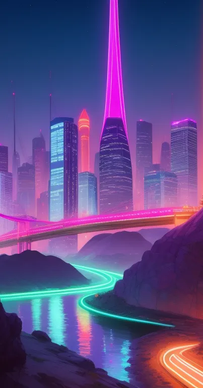 Vibrant neon cityscape featuring futuristic buildings and glowing roads.