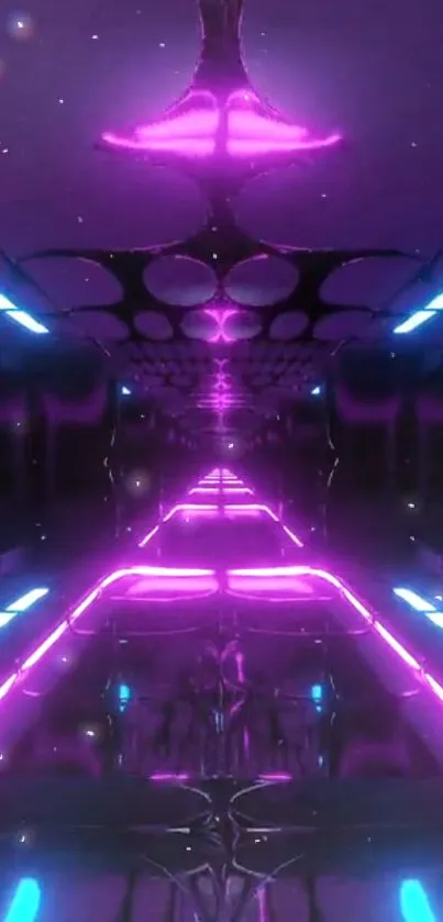 Futuristic neon corridor with violet and blue lights creating a sci-fi atmosphere.