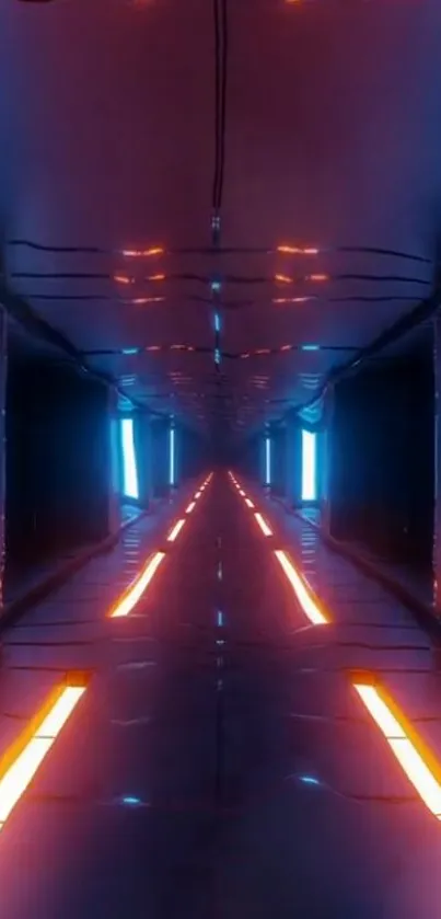 Futuristic neon corridor with blue and orange lights, perfect for modern screens.