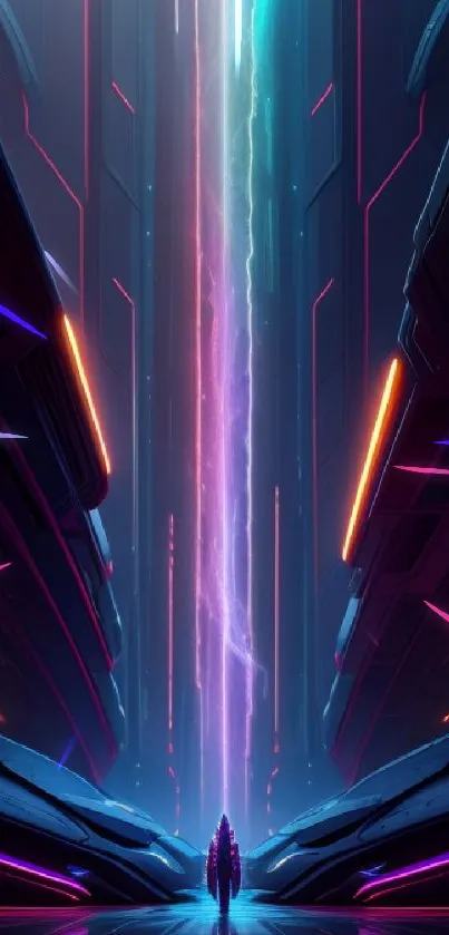 Futuristic corridor with neon lights and central figure, vibrant digital artwork.