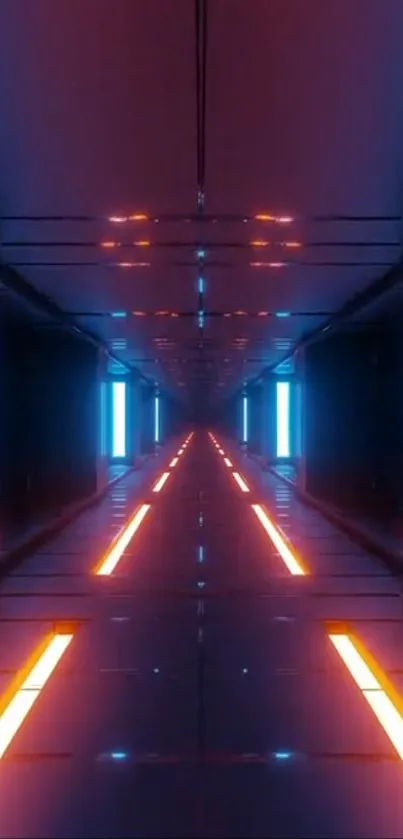 Futuristic neon corridor with blue and orange lights, perfect for a tech-themed wallpaper.