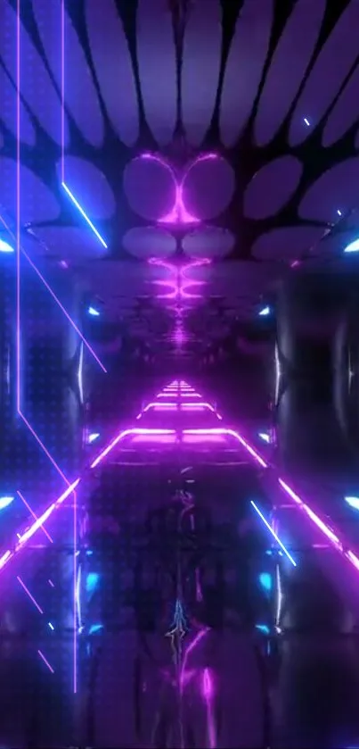 Futuristic corridor with purple and blue neon lights creating a dynamic scene.