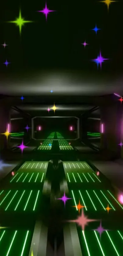 Futuristic neon corridor with colorful stars and lights.